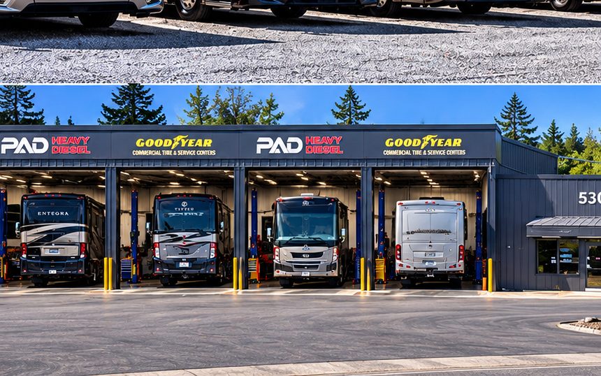 PAD RV Diesel service building with five drive-in bays holding Class A motorhomes