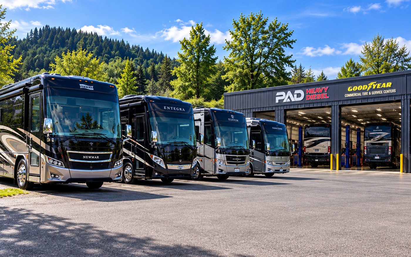 Newmar, Entegra and Tiffin Class A motorhomes lined up at PAD Heavy Diesel