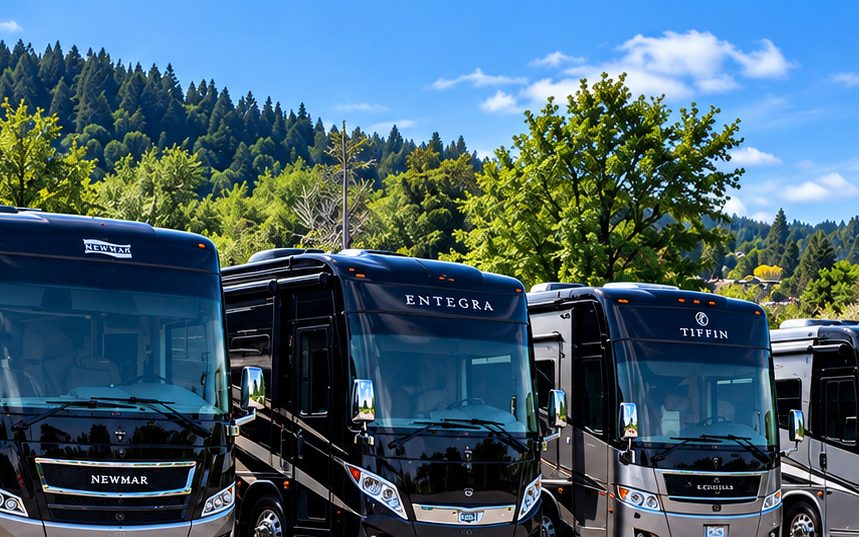 Row of luxury diesel motorhomes waiting for service at PAD Heavy Diesel