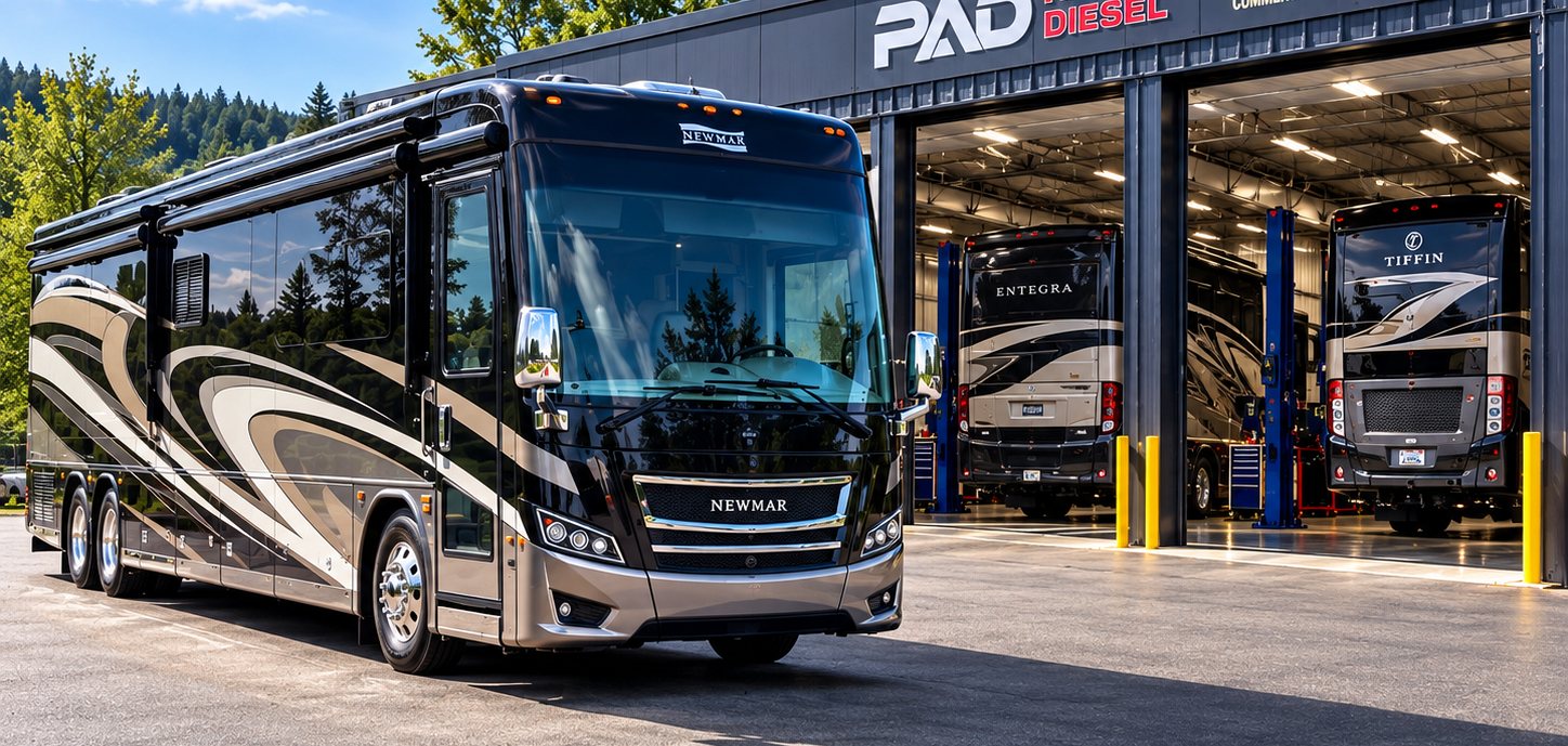 Newmar Class A diesel motorhome at the PAD RV Diesel service bays in Scappoose, Oregon